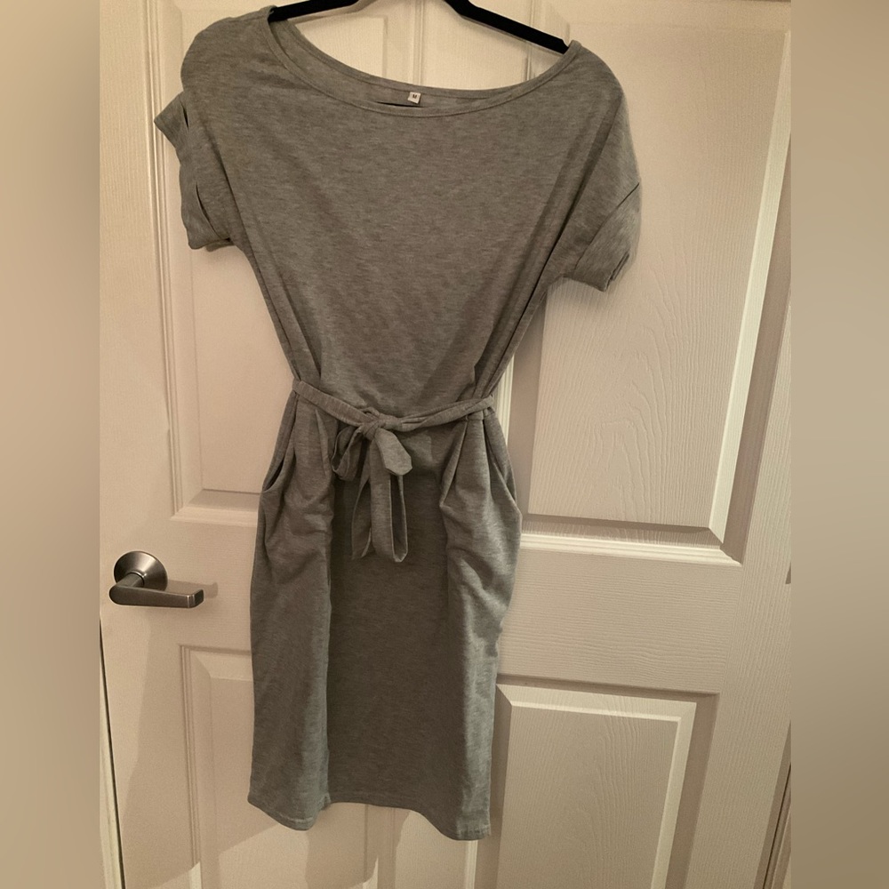 Gray Tie Waist Belted Dress, Medium